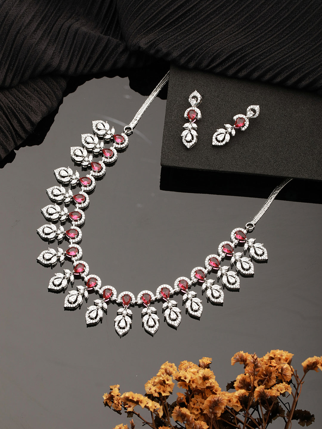 Silver Plated Ruby Red AD Studded Elegant  Floral Designer  Delicate Choker  Jewellery Set